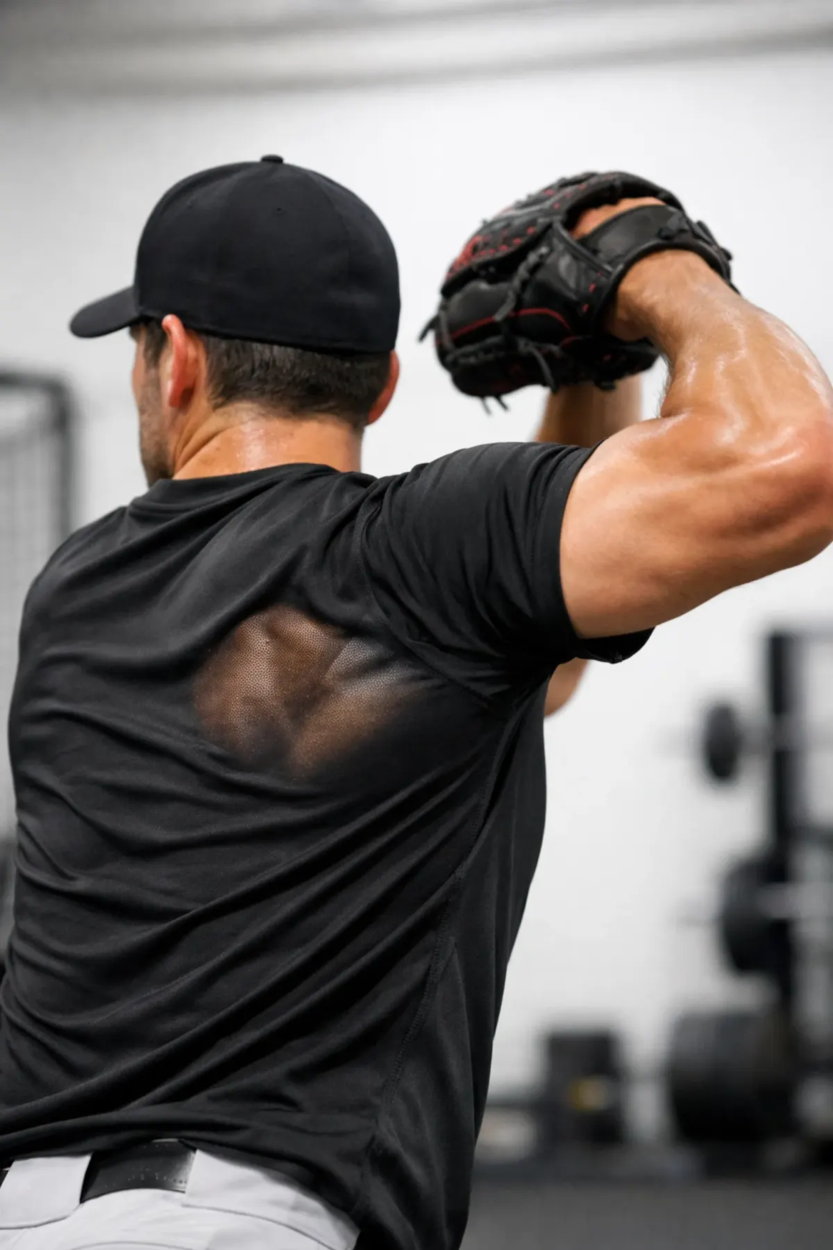 Baseball player's shoulder and upper body during throwing motion showing proper muscle activation