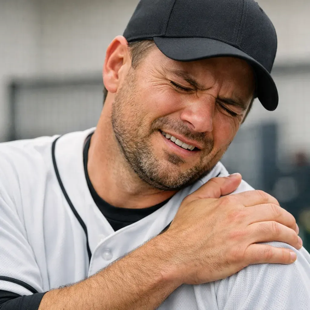 Baseball player experiencing shoulder pain during throwing emphasizing importance of addressing injury