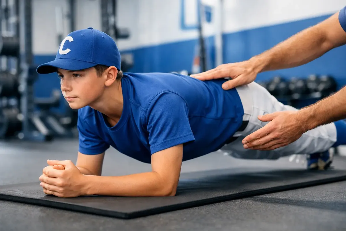 Youth baseball player performing strength training exercise with proper form and guidance