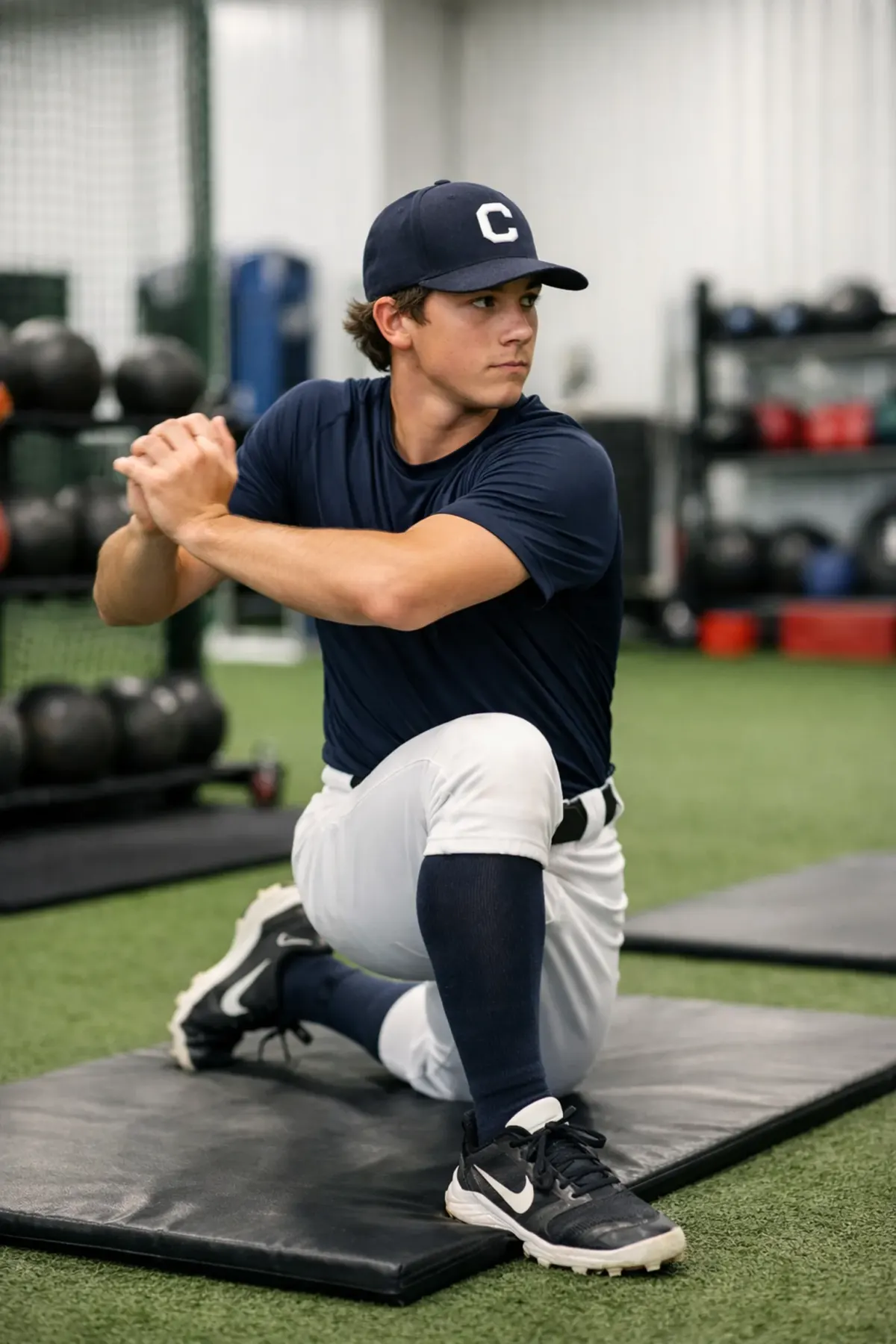 Young baseball player performing dynamic warm-up mobility drill in training facility