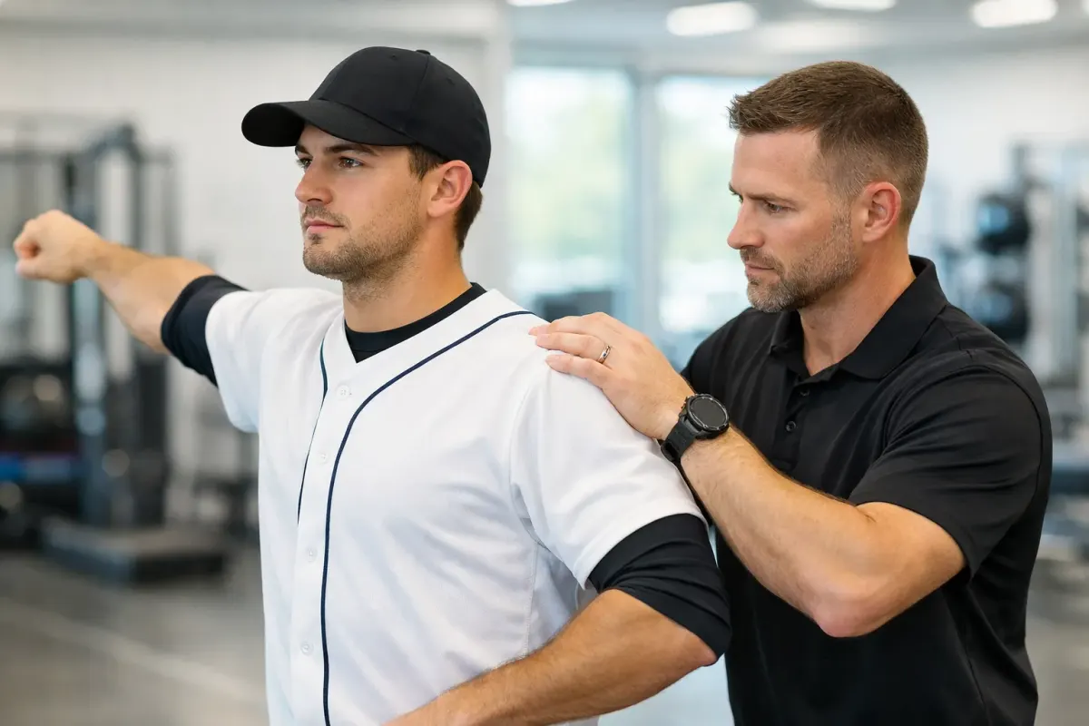 Professional shoulder care assessment for a baseball athlete to improve arm speed and reduce injury risk.