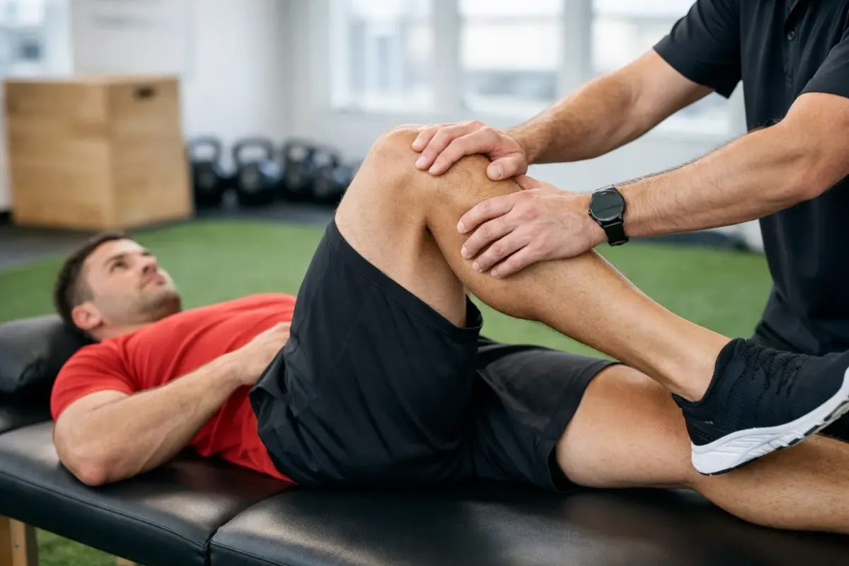 A specialist performing a Muscle Activation Technique assessment on an athlete to improve muscle function.