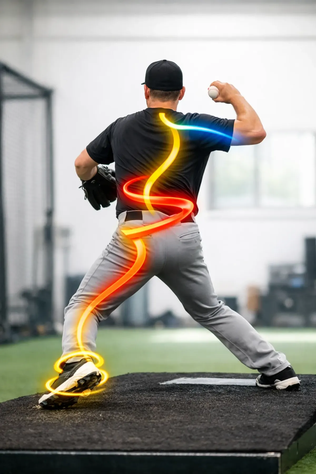 Baseball pitcher's delivery from behind highlighting kinetic chain from feet through hips to shoulder
