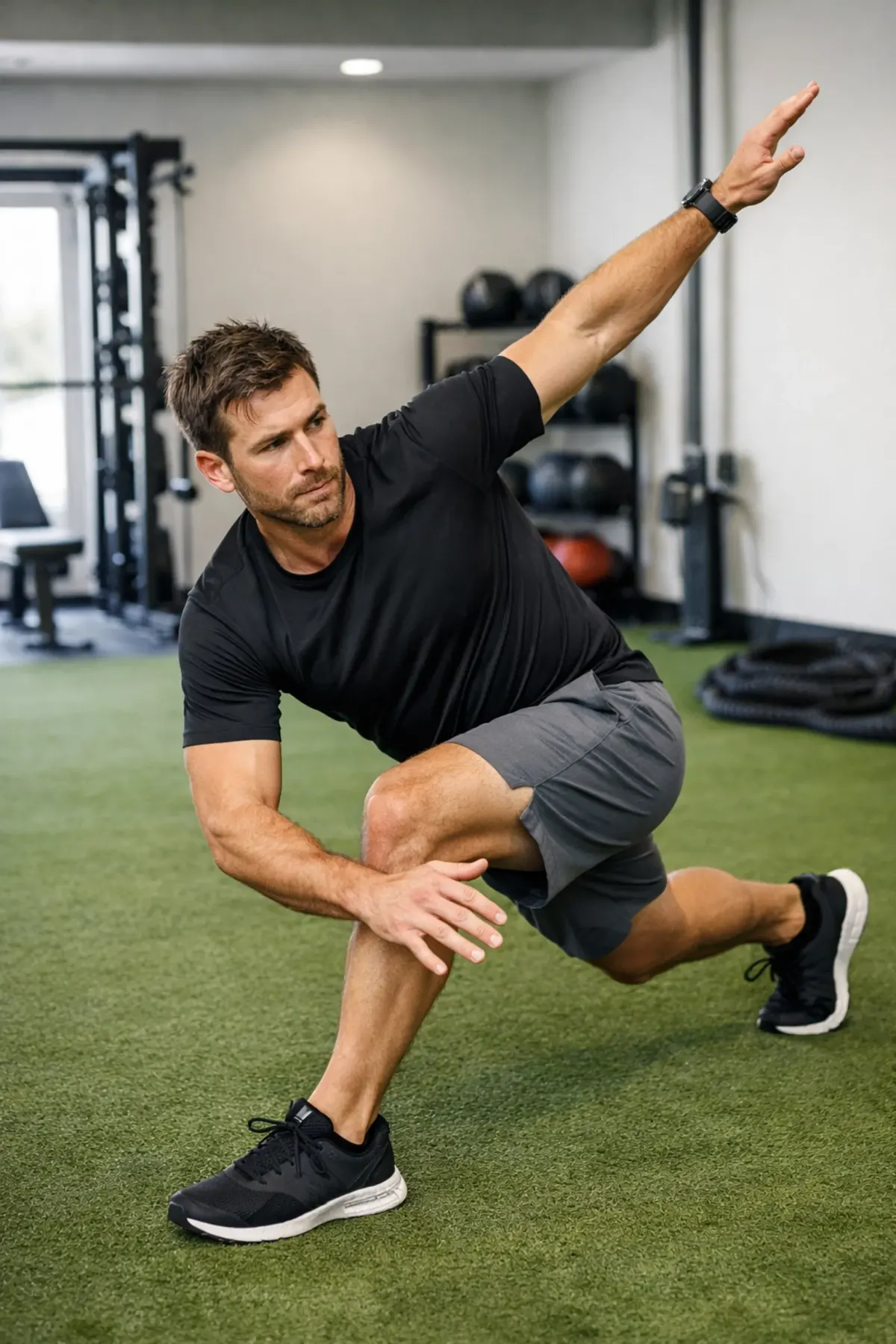 Athlete performing functional rotation to improve shoulder-hip stability and address chronic hamstring tightness.